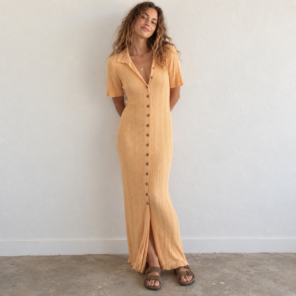 Free People Beach Womens Dress Large Orange Ribbed Button Down Short Sleeve Maxi